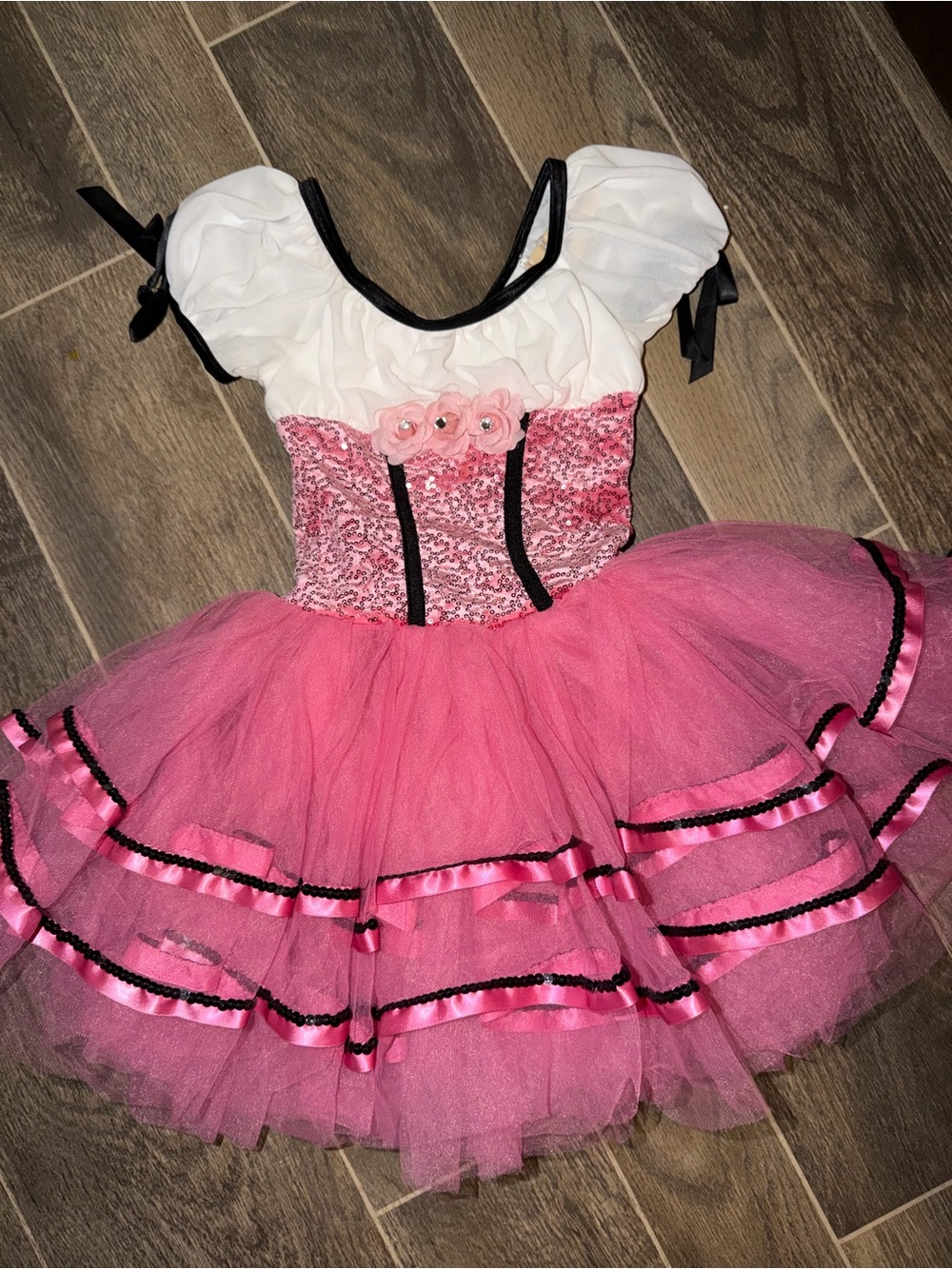 Weissman Pink and White Sequin Tutu Dress with Black Trim